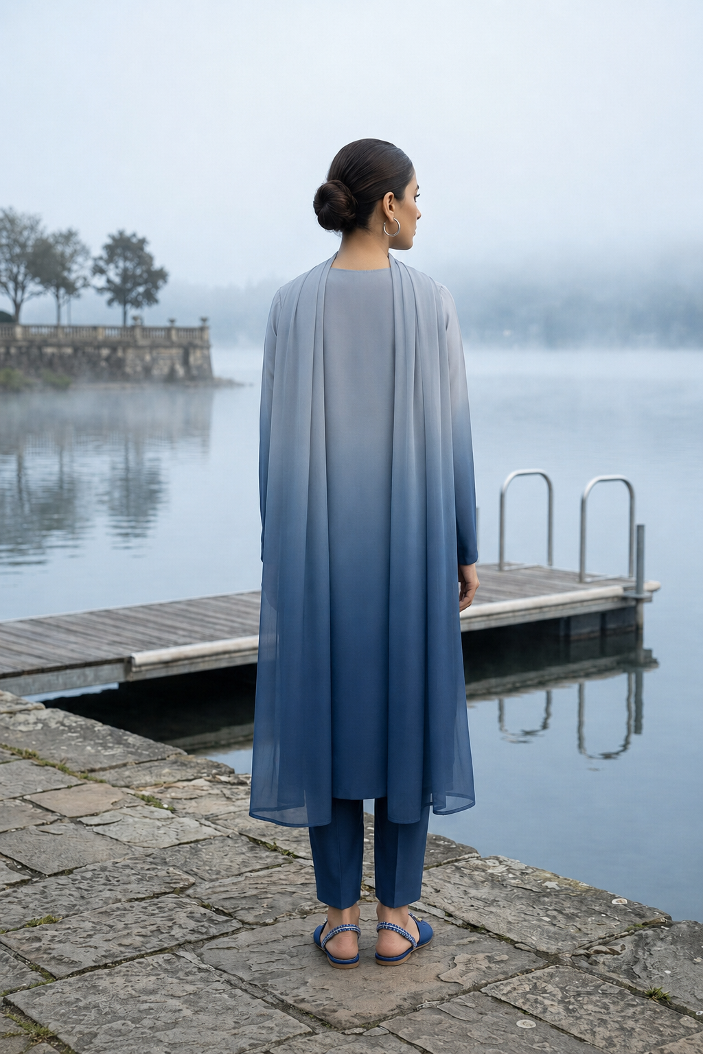 Grey & Blue Double Shade Silk Set - Image 4