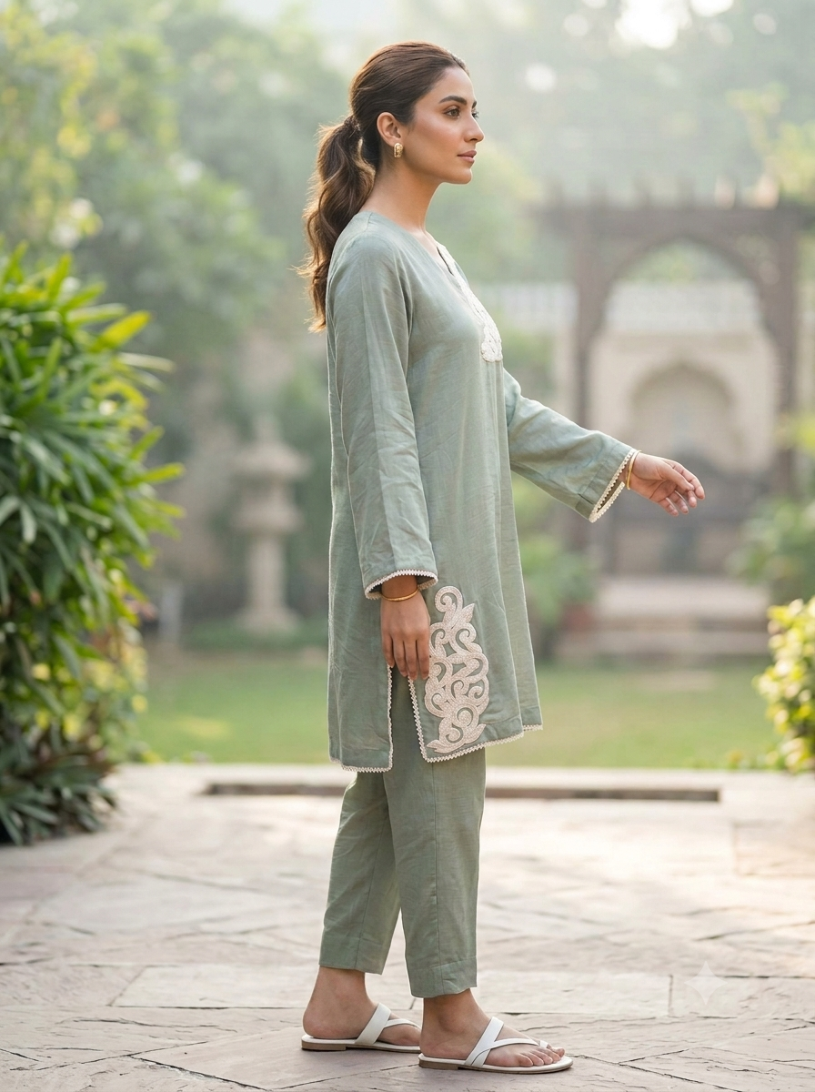Mint Green Shiny Velvet Embroidered Set - Image 3