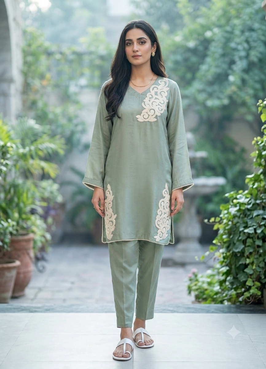 Mint Green Shiny Velvet Embroidered Set