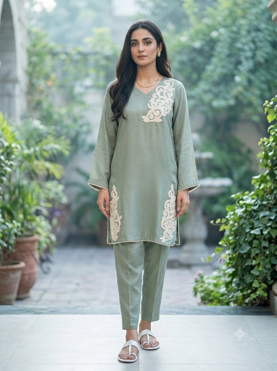 Mint Green Shiny Velvet Embroidered Set