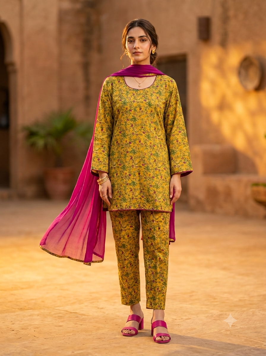 Mustard Green Lawn Silk Set - Image 3