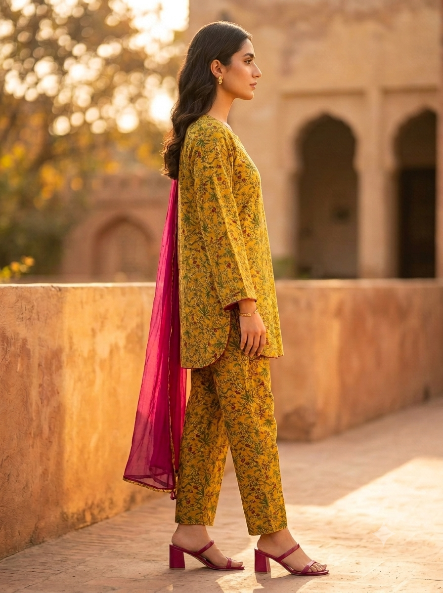 Mustard Green Lawn Silk Set - Image 4
