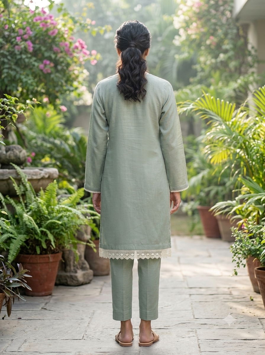 Mint Green Shiny Velvet Embroidered Set - Image 2