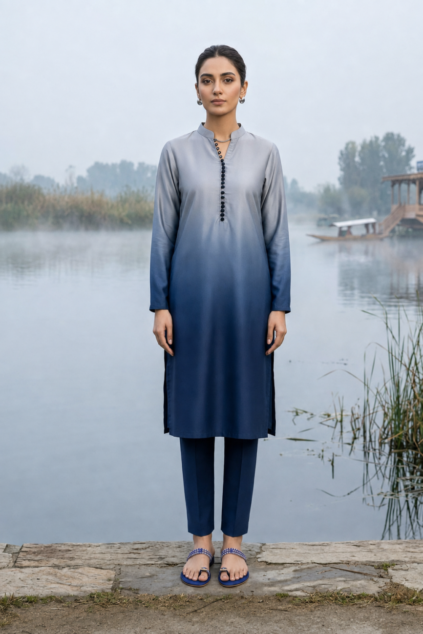 Grey & Blue Double Shade Silk Set