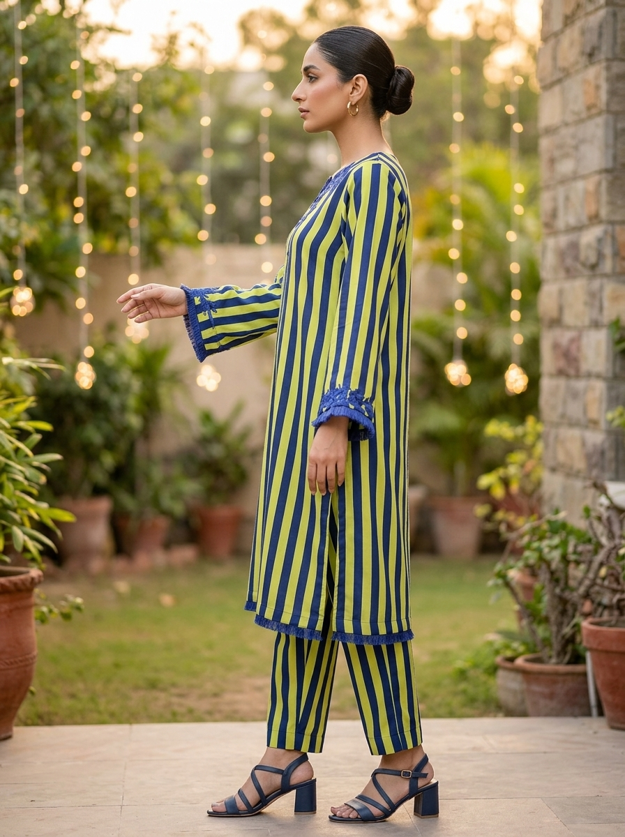 Neon Yellow & Blue Georgette Embroidered Set - Image 3